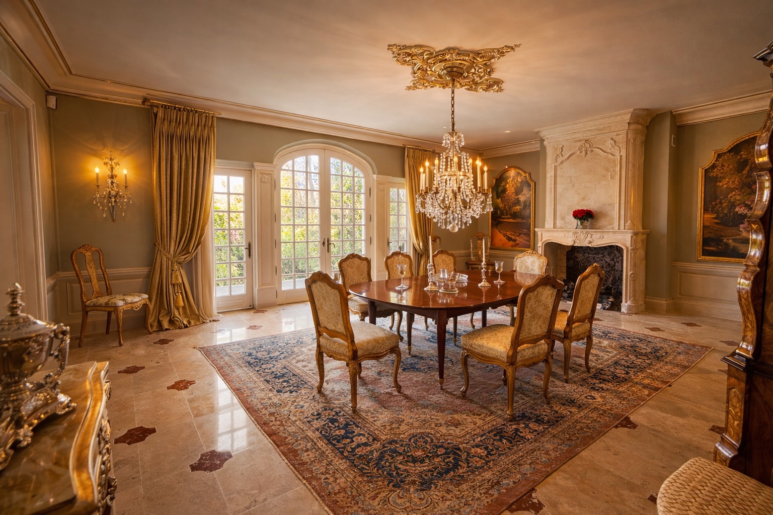 Formal dining room with chandelier and fireplace