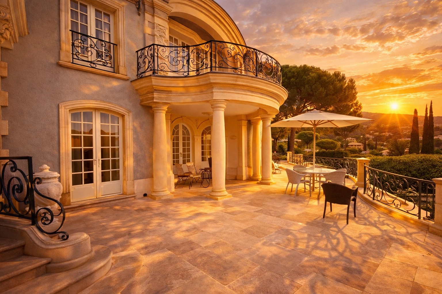 Exterior terrace and architectural details of Château La Chrysanelle