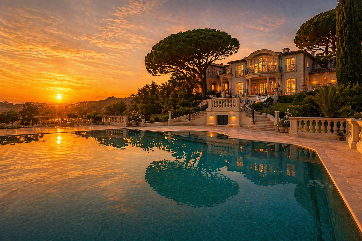 Château La Chrysanelle in Grimaud with swimming pool at golden hour