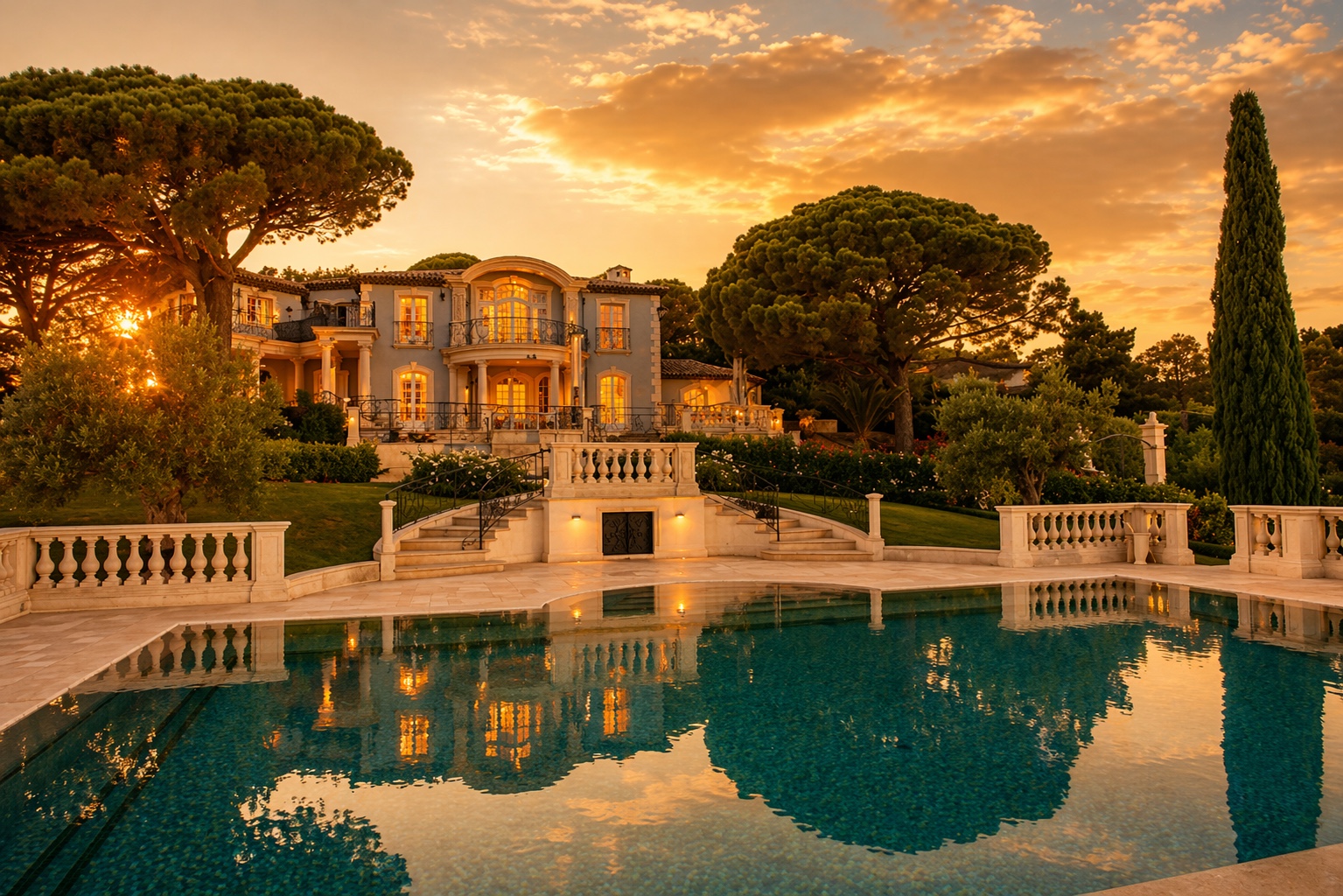 Château La Chrysanelle reflected in the pool at sunset