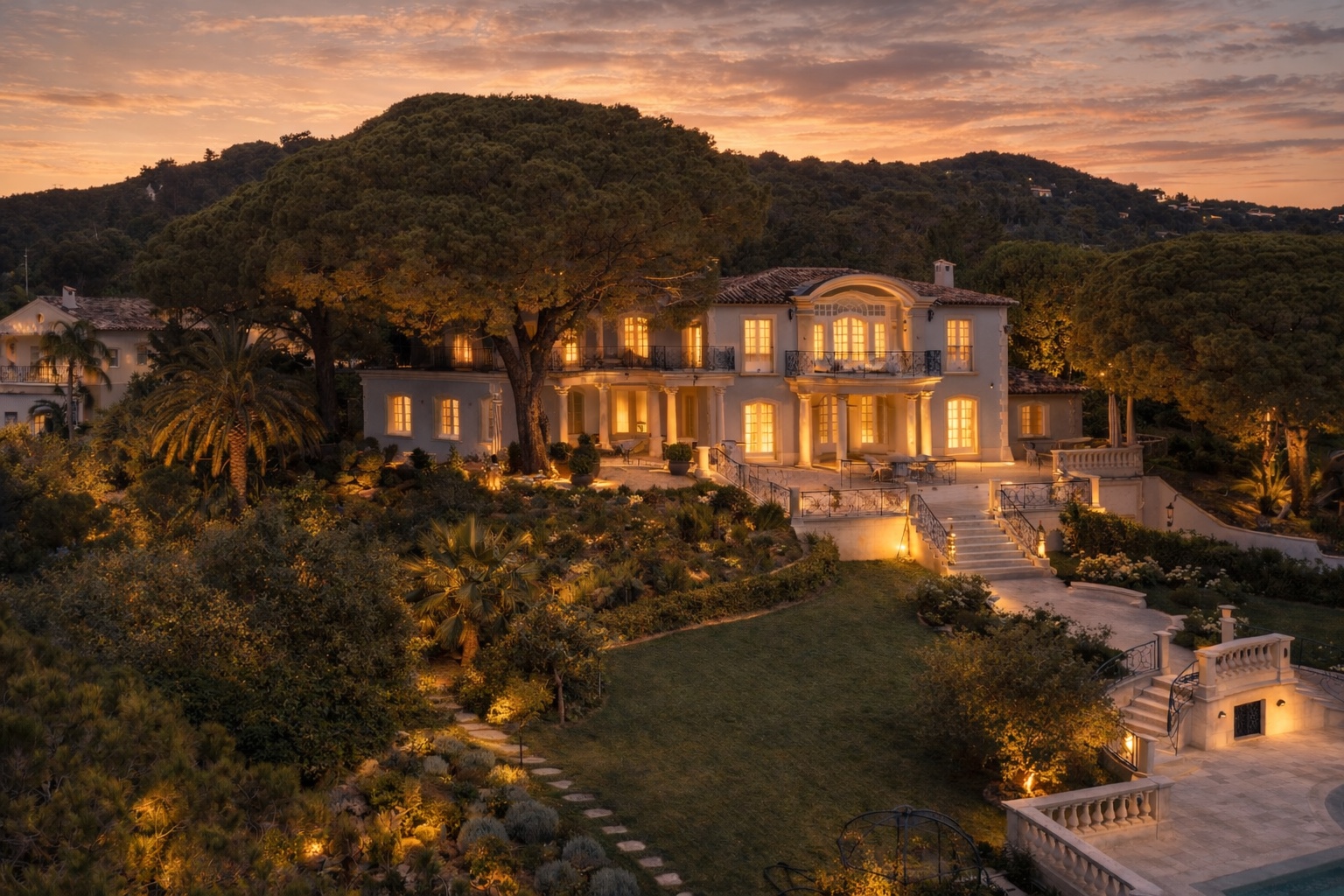 Evening view of the château and gardens