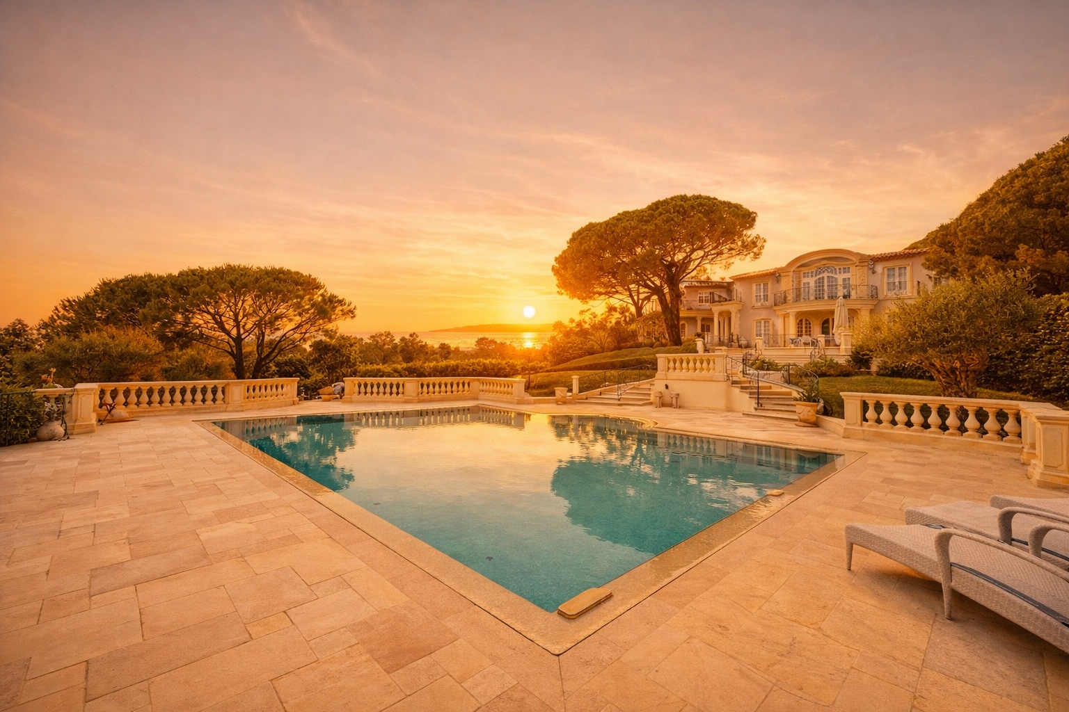 Swimming pool and sunset view at Château La Chrysanelle